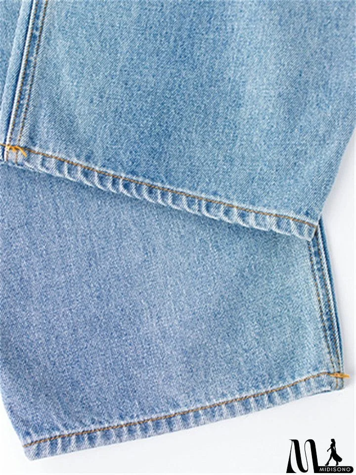 MidiSono - Youth Campus Style Extra Loose Straight-Leg Light Blue Denim Jeans for Women
