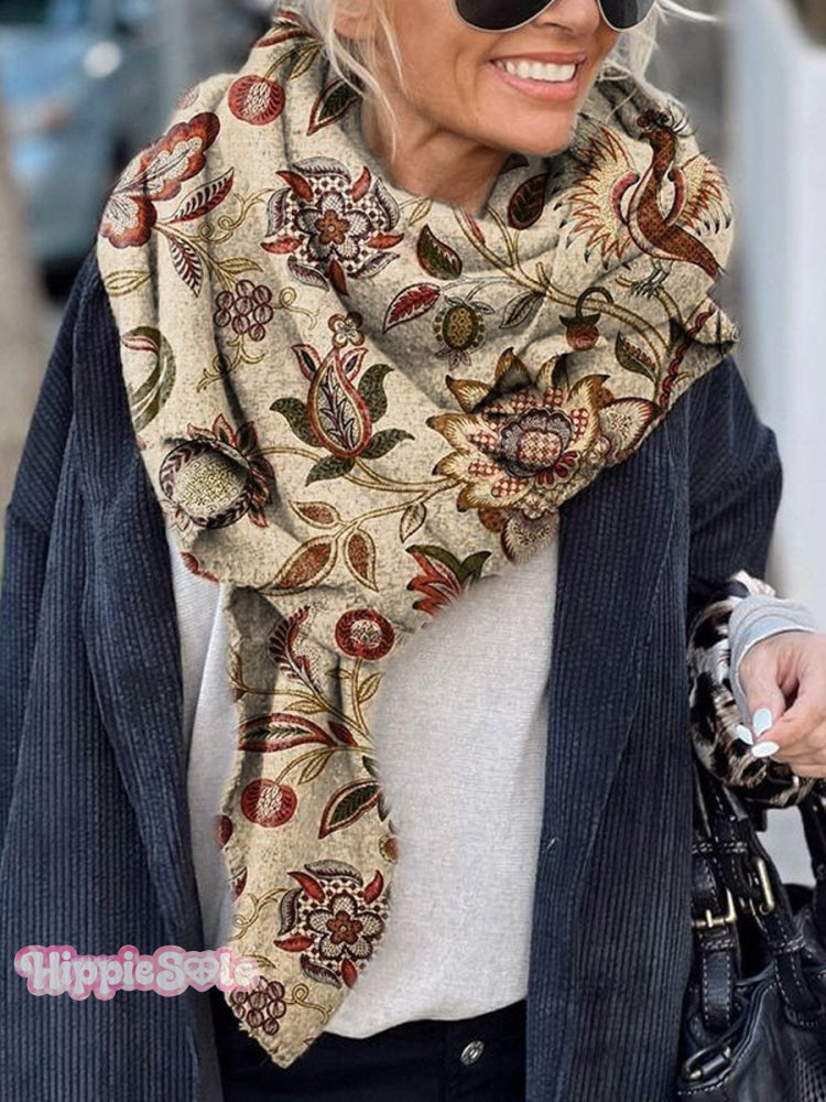 Women’s Folk Floral Pattern Print Casual Knitted Blanket Poncho Hood Cape Multicolor / Onesize