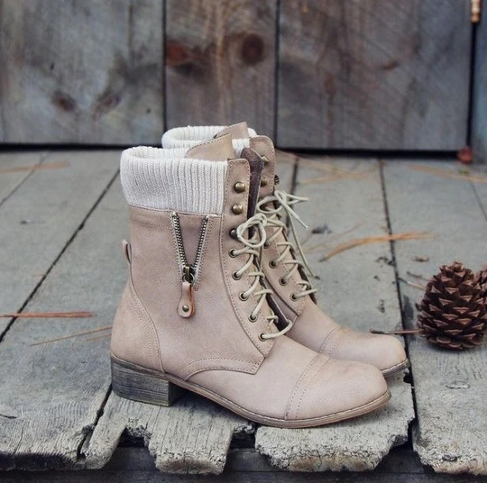 Women‘s Retro Casual All-Match Lace-Up Knitted Stitching Soft Short Boots -boots