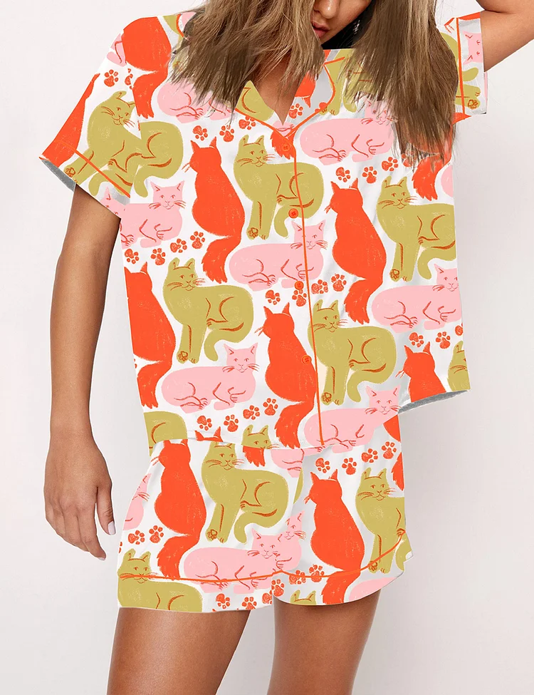 Women’s Colorful Cute Cat Short Sleeve Satin Pajama Set