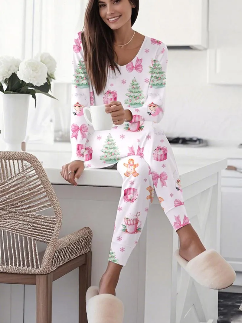 Women's Christmas Print Casual Set, Long Sleeve V Neck Top & Belted Pants, Ladies Homewear & Pajamas, Spring & Fall Fashion Women's Christmas Print Casual Set, Long Sleeve V Neck Top & Belted Pants, Ladies Homewear & Pajamas, Spring & Fall Fashion