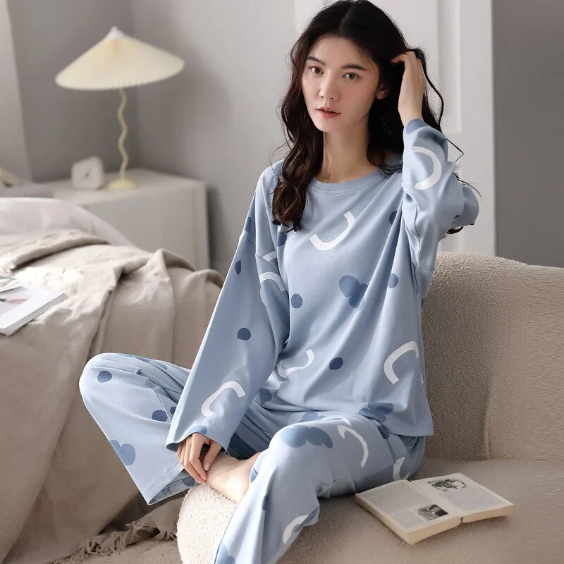 Women's 2 Pieces Pajamas Set 100% Cotton Pyjama Female Pijama Women Homewear Soft Sleepwear Long Sleeve O-Neck Shirt Pants Suit