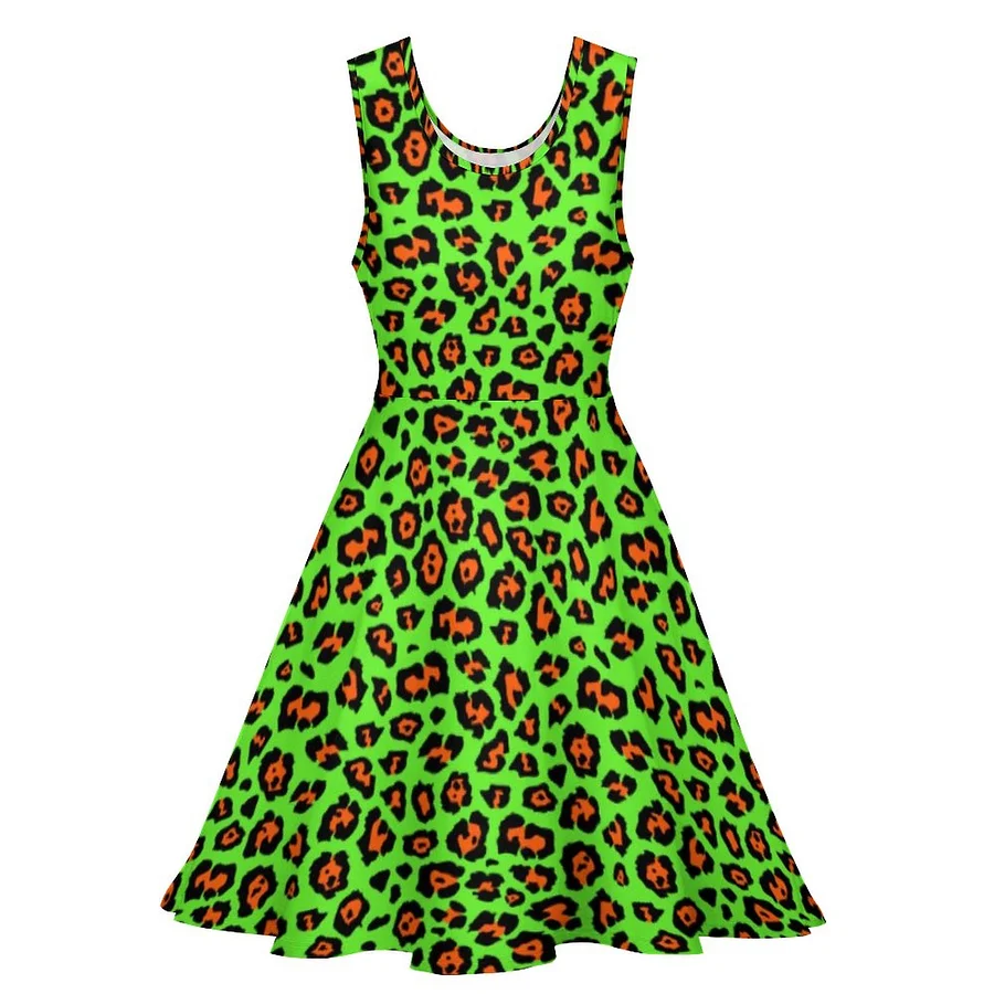 Funky Leon Green Leopard Cheetah Animal Print Sleeveless Mini Skater Dress Green-M Funky Leon Green Leopard Cheetah Animal Print Sleeveless Mini Skater Dress Green-M