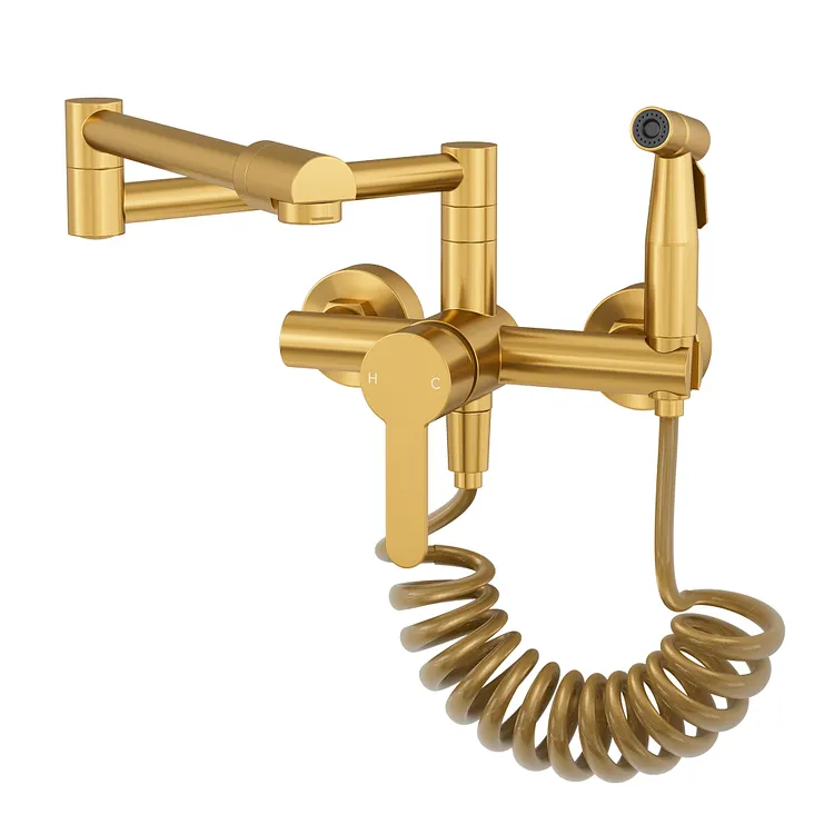 EVERSTEIN Wall Mounted Folding Kitchen Faucet with Side Sprayer Brushed Gold
