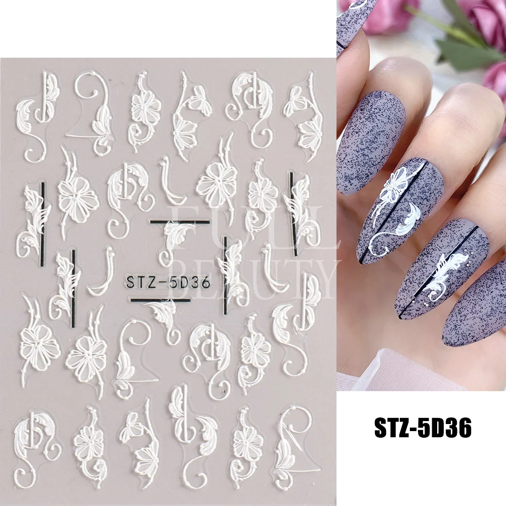 Churchf Nail Stickers Flowers Geometric Lines Decor Acrylic Embossed Sliders Gold Frame Nail Decals Cherry Blossom Manicure GLJI-5D05-Nail Inspo