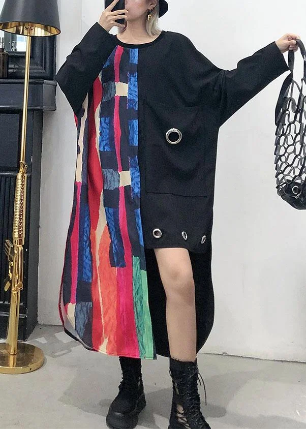 Loose asymmetric patchwork cotton quilting clothes Sleeve black Maxi Dress fall