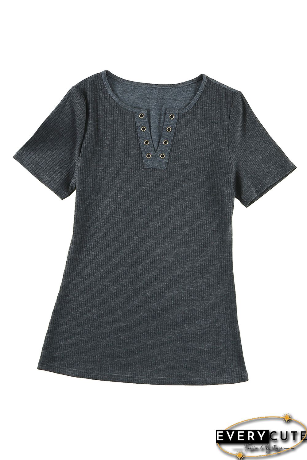 Black Ribbed Knit V Neck Short Sleeve Top