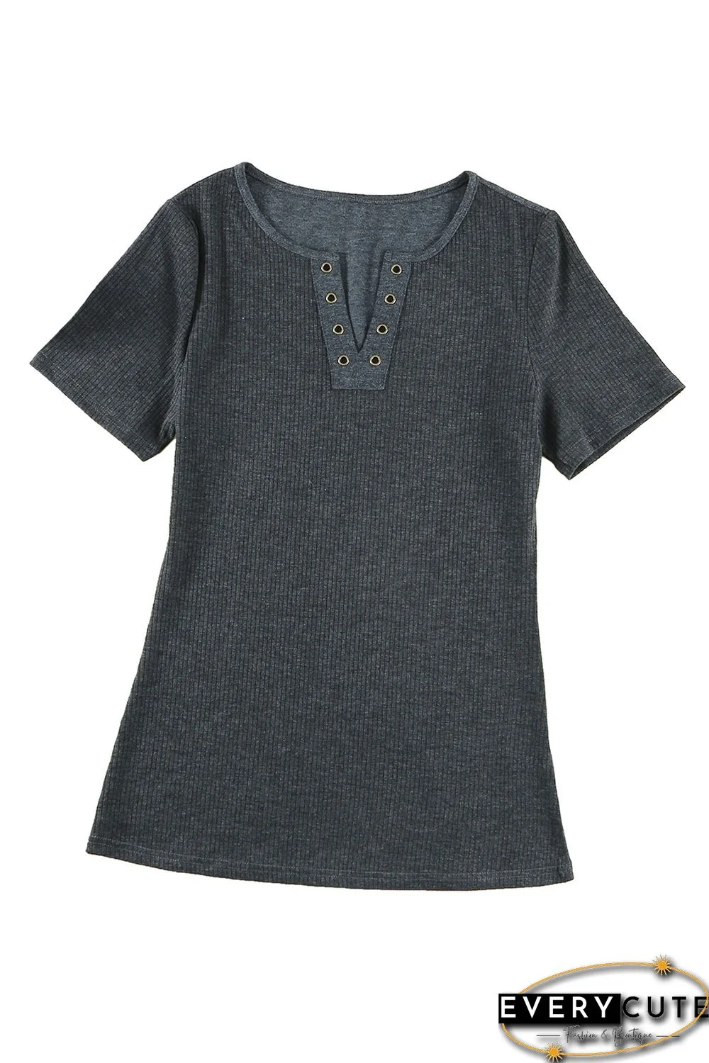 Black Ribbed Knit V Neck Short Sleeve Top