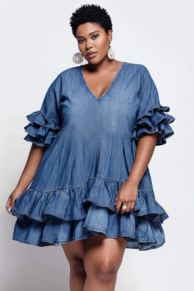 Xpluswear Design Plus Size Party Elegant Blue V Neck Short Sleeve Ruffle Tiered Tencel Denim Mini Dresses [Pre-Order] 2024 - Xpluswear
