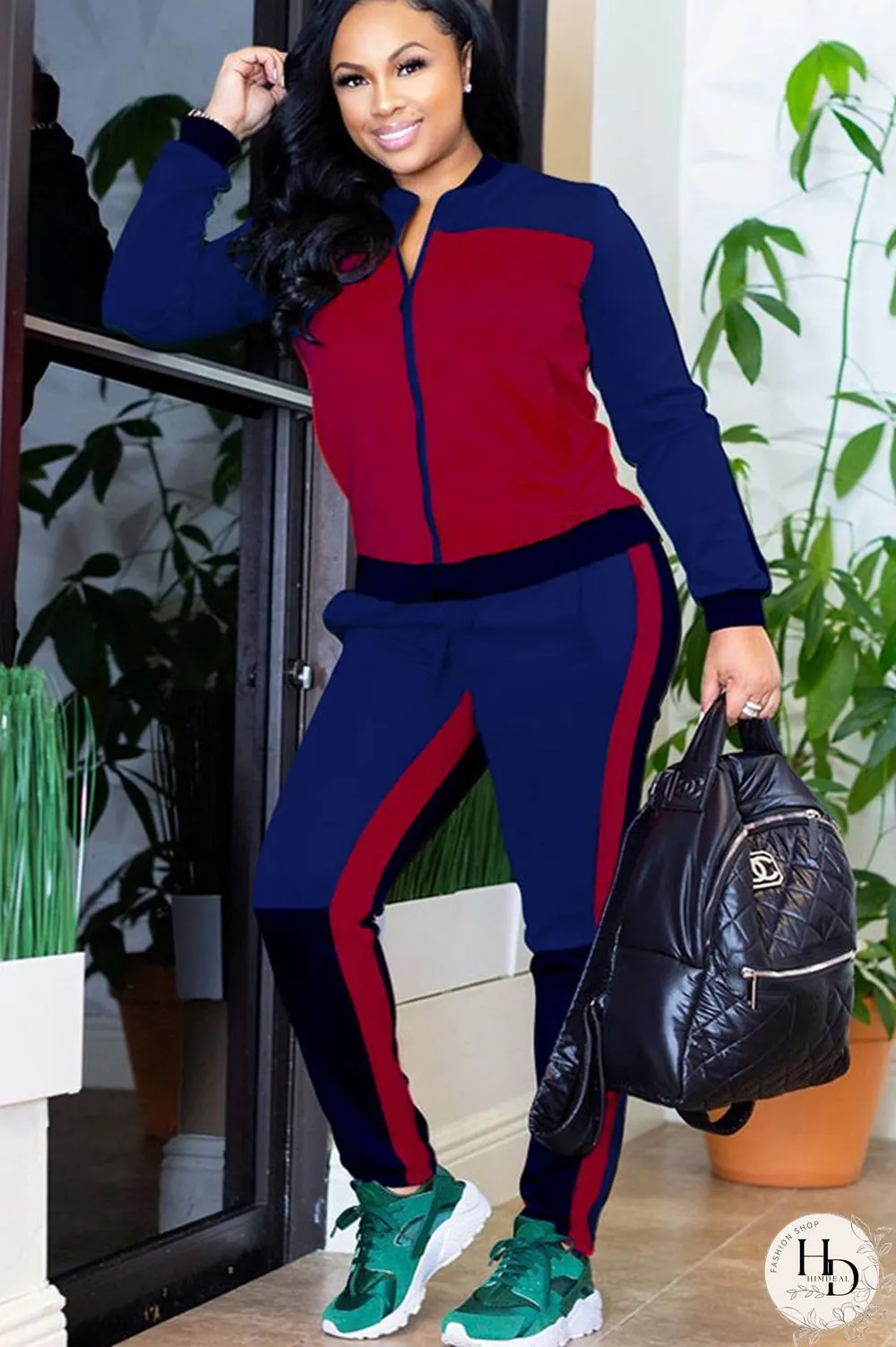 Red Elastic Fly Mid Patchwork pencil Pants Two-piece suit