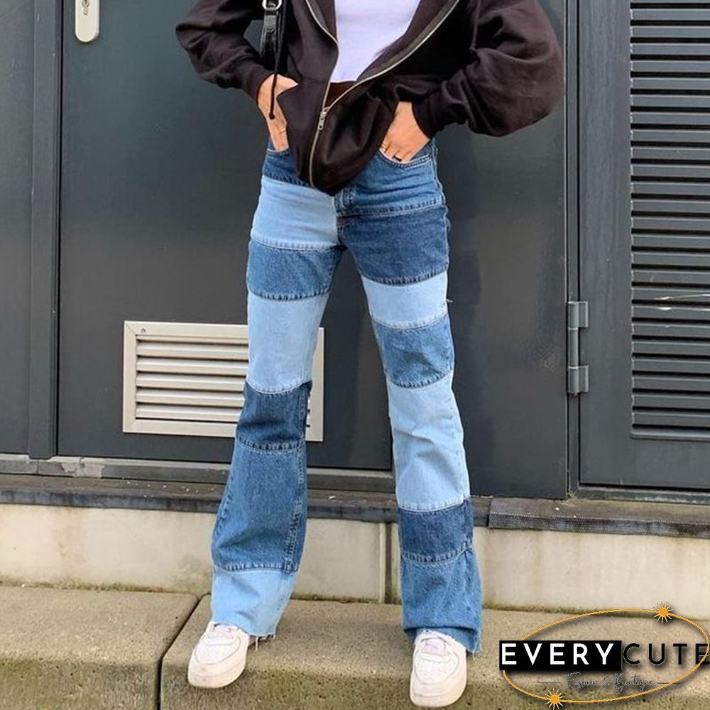 Patchwork Stitch Color Block Slim Fit Straight Leg Jeans Ripped Denim Pants