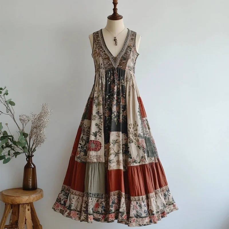 Retro Floral Patchwork V Neck Sleeveless Cozy Linen Dress