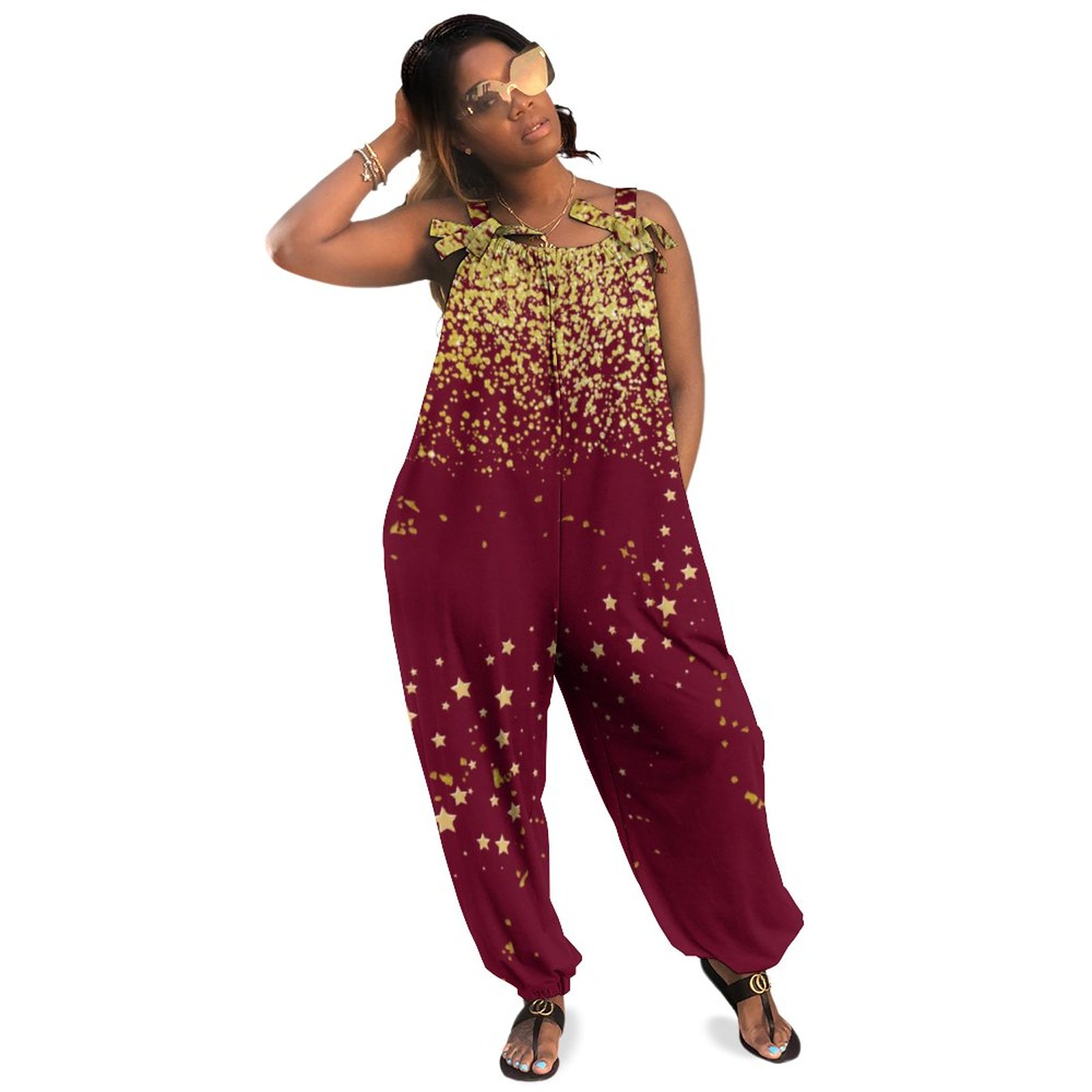 Maroon With Gold Accent Plus Size Women Rompers Summer Casual Loose Dressy Romper Yoga Jumpsuit Loose Coveralls Boho Pockets