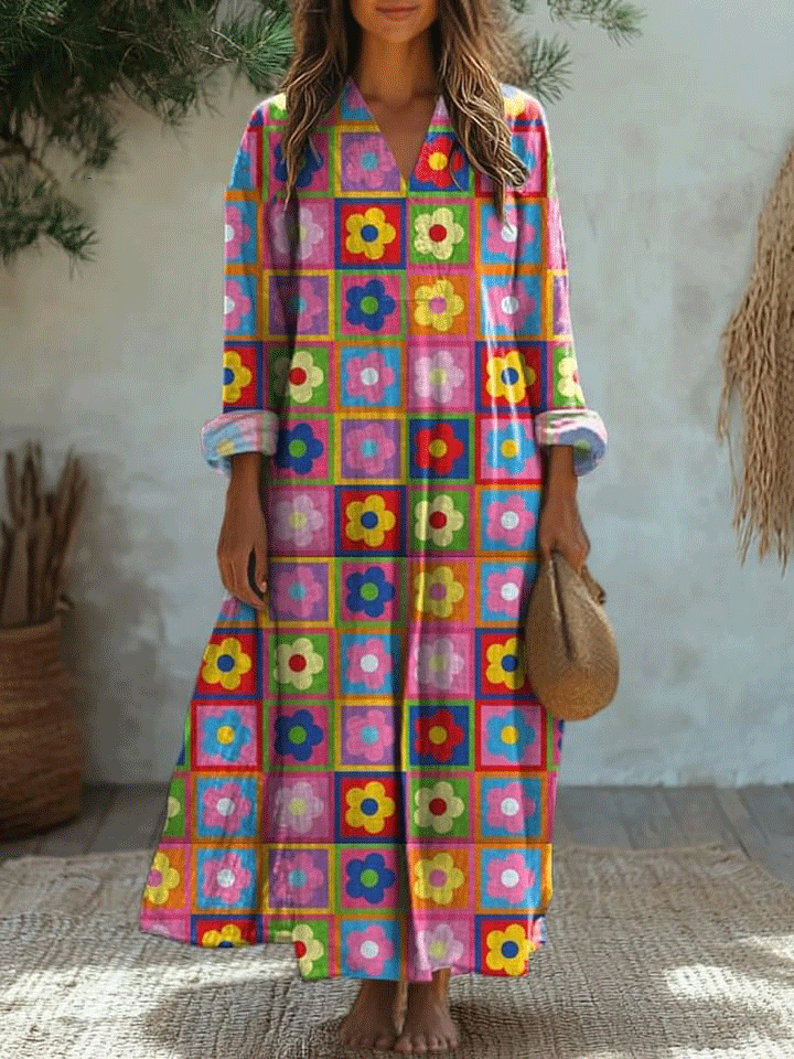 Colorful Rectangle And Floral Pattern Printed Women's Dress