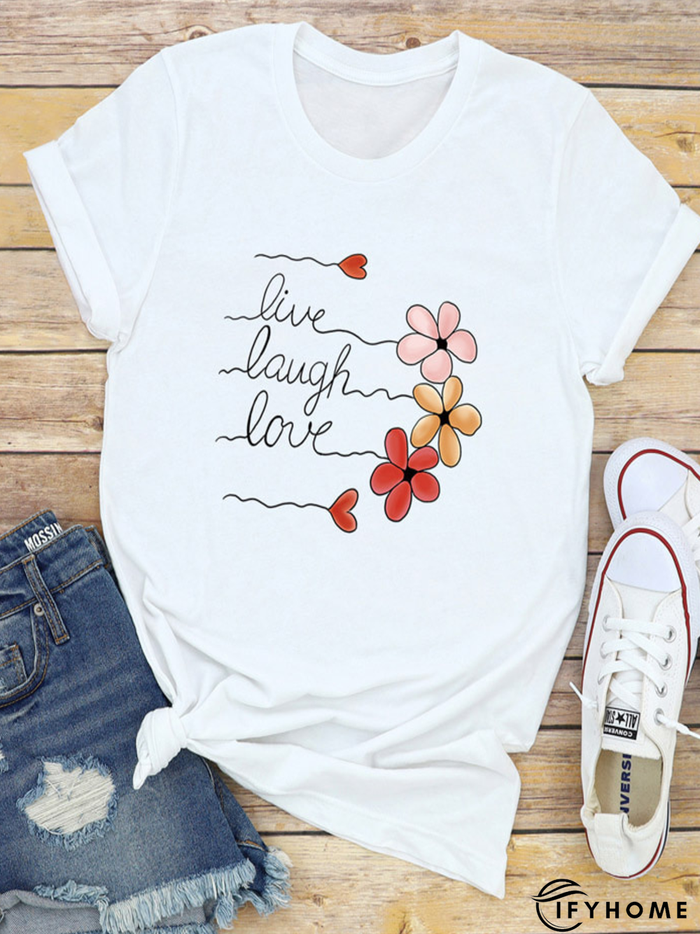 Crew Neck Basics Loose Cotton-Blend T-shirt | IFYHOME