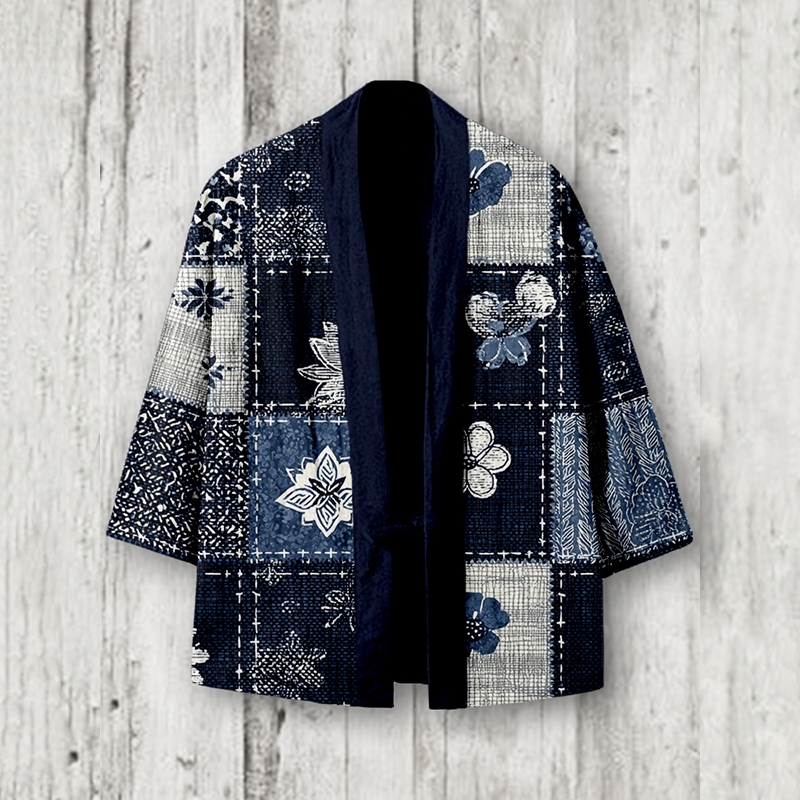 Comstylish Vintage Japanese Art Patchwork Linen Kimono Cardigan