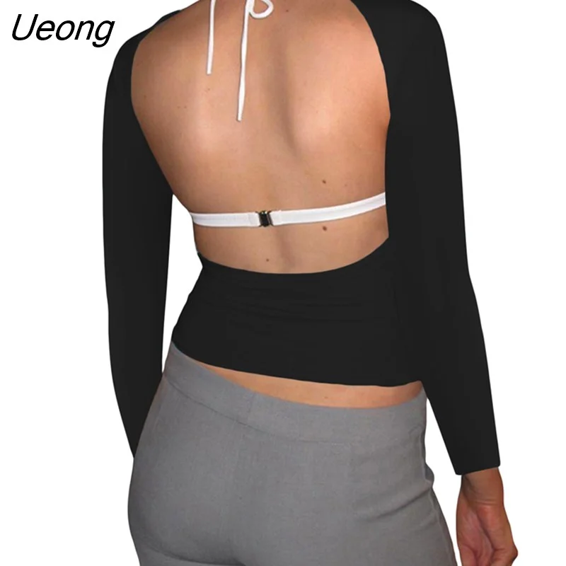 Ueong Women Trendy T-Shirt Sexy Solid Color Long Sleeve Fitted Cutout Open Back Going Out Tops Streetwear for Females S/M/L