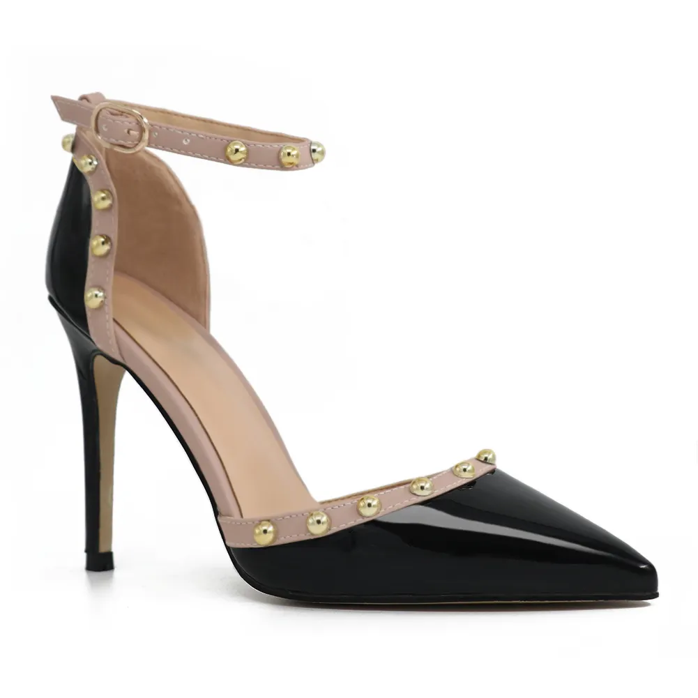 100mm Womens Pointed Toe Pumps Golden Round Rivets Ankle Strap Black Sandals-vocosishoes