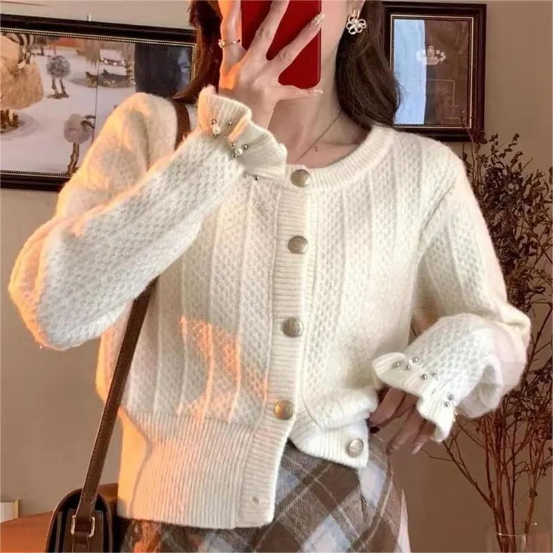 Churchf Churchf Version Autumn Winter Gentle Department Lotus Leaf Sleeve Sweet Wind Round Collar Sweater Female Design Feeling Nail Bead Knit Cardigan Jacket Tide
