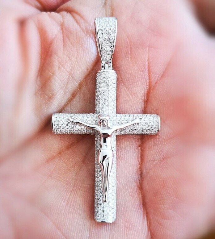 Iced Out Zircon Silver Cross Pendant Necklace Jewelry-VESSFUL