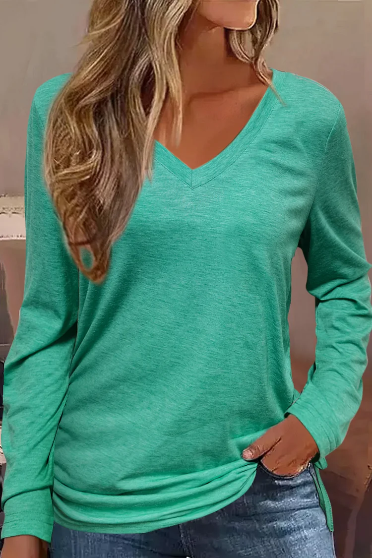 Solid Drawstring Side Long Sleeve V Neck Blouse