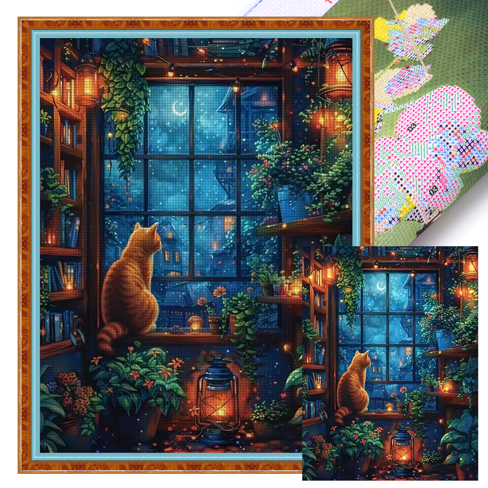 Kitten In Front Of Window Full 11CT Pre-stamped Canvas(45*60cm) Cross Stitch