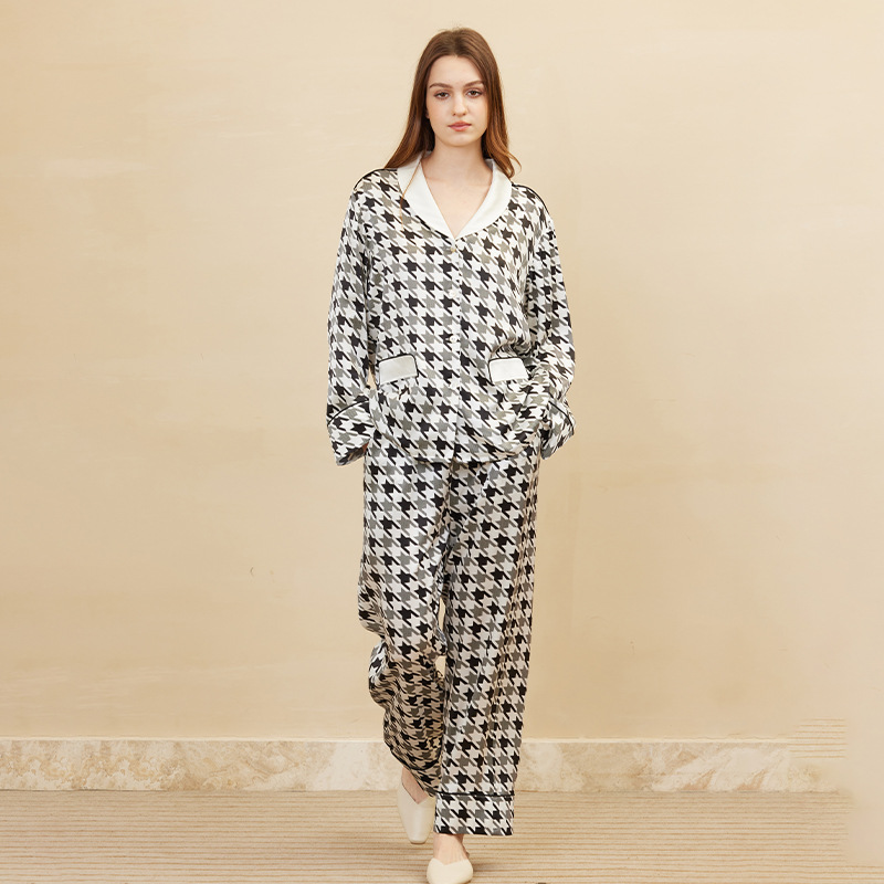 Pyjama en soie pour femme à manches longues pied-de-poule- SOIE PLUS
