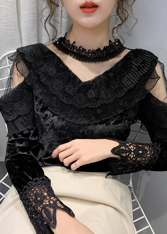 VCSHOES Black Turtleneck Velour Lace Patchwork Tulle Top Bottoming Shirt