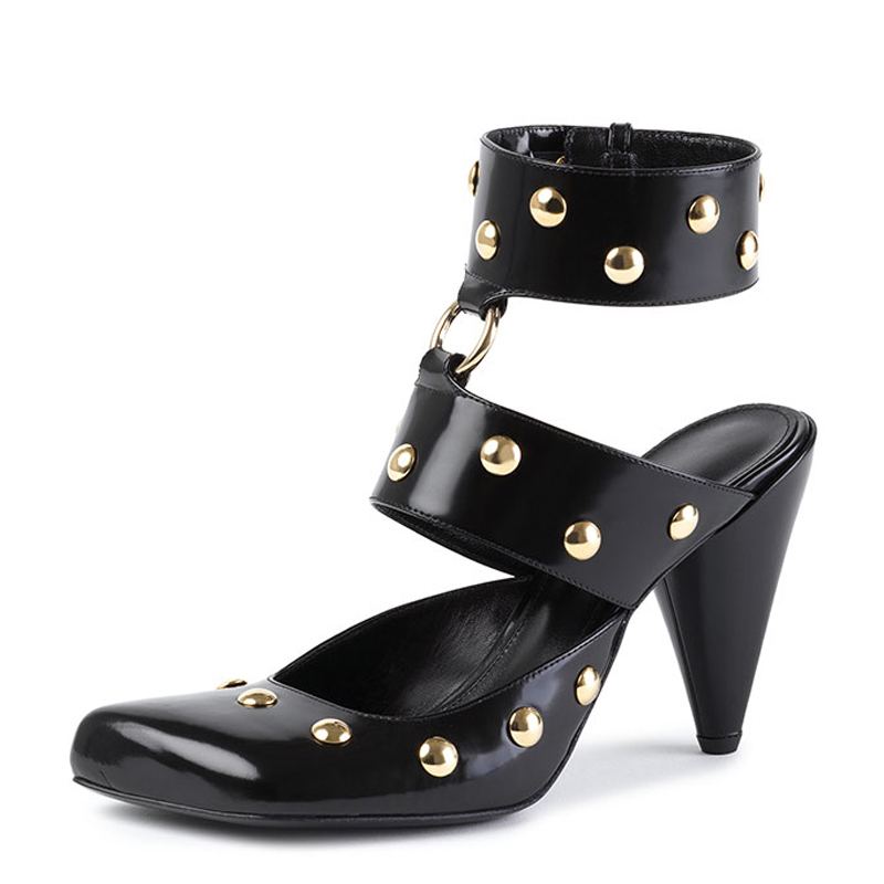 GOOSHOE Women Square Toe Metal Studs Sandals Spike Heels Ankle Strap Shoes Patent High-heeled Pumps