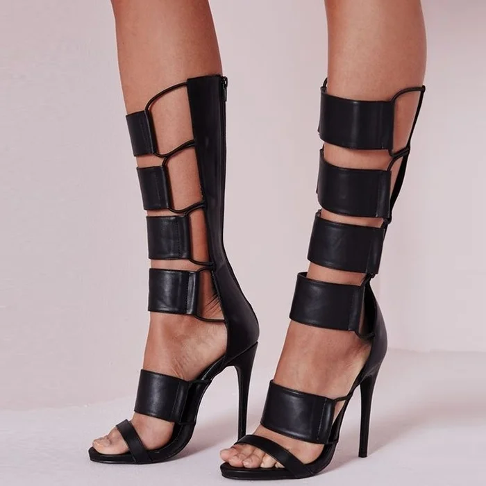 Black Stiletto Heels Strappy Knee High Gladiator Heels Sandals |FSJ Shoes