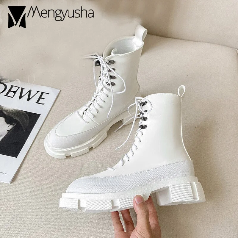 famous designer rubber platform boots women front lace up rivets buckle chelsea booties white leather creepers ankle botas mujer