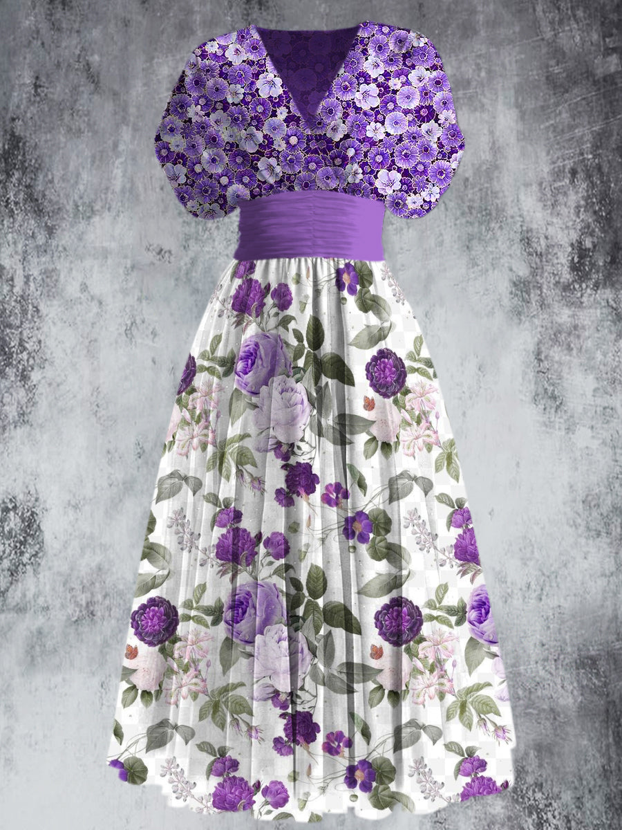 Floral Art Print Elegant V-Neck Vintage Chic Short Sleeve Maxi Dress