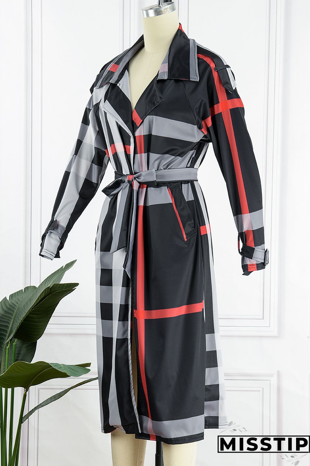 Black Fashion Casual Print Cardigan With Belt Turndown Collar Outerwear