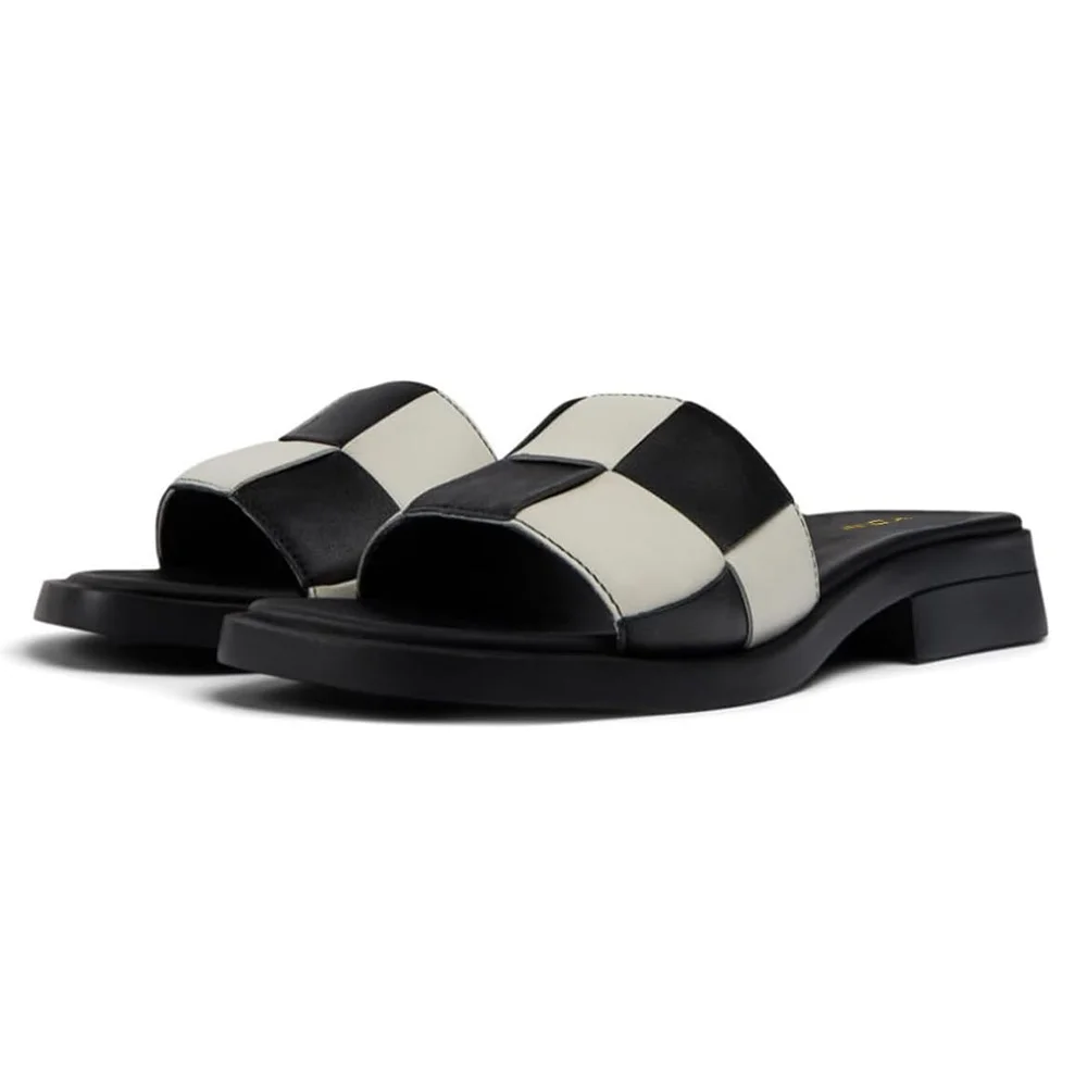 Black & White Patchwork Square Toe Slip On Sandals with Chunky Heel