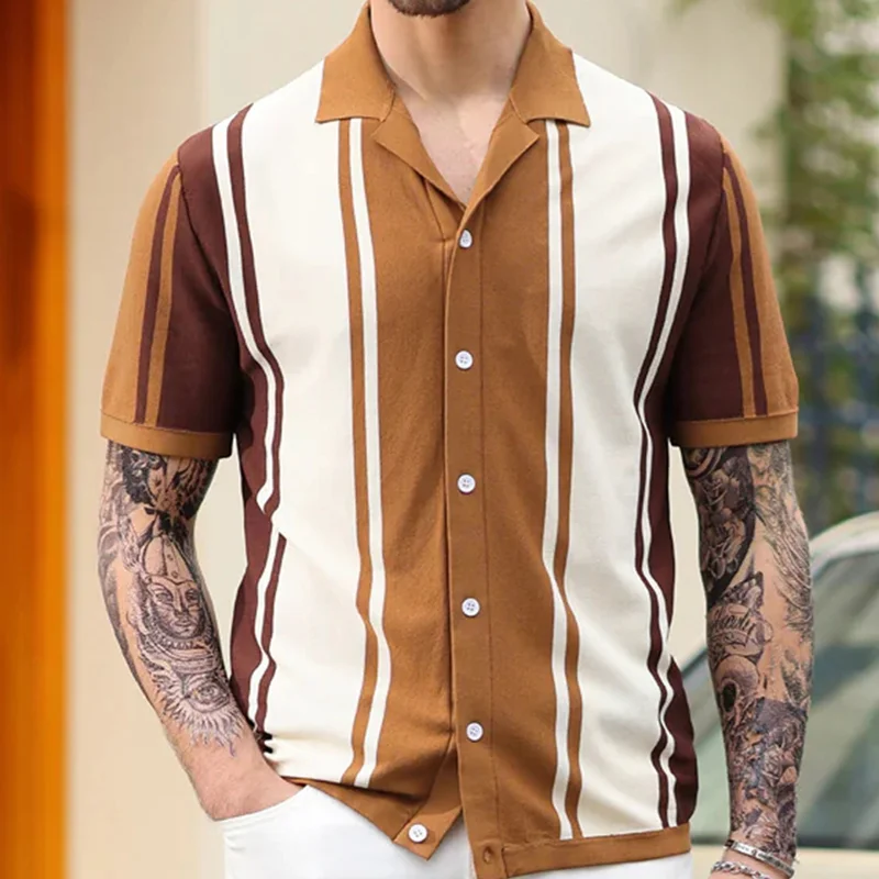 Men's Contrast Striped Lapel Polo Collar Short-Sleeved Sweater