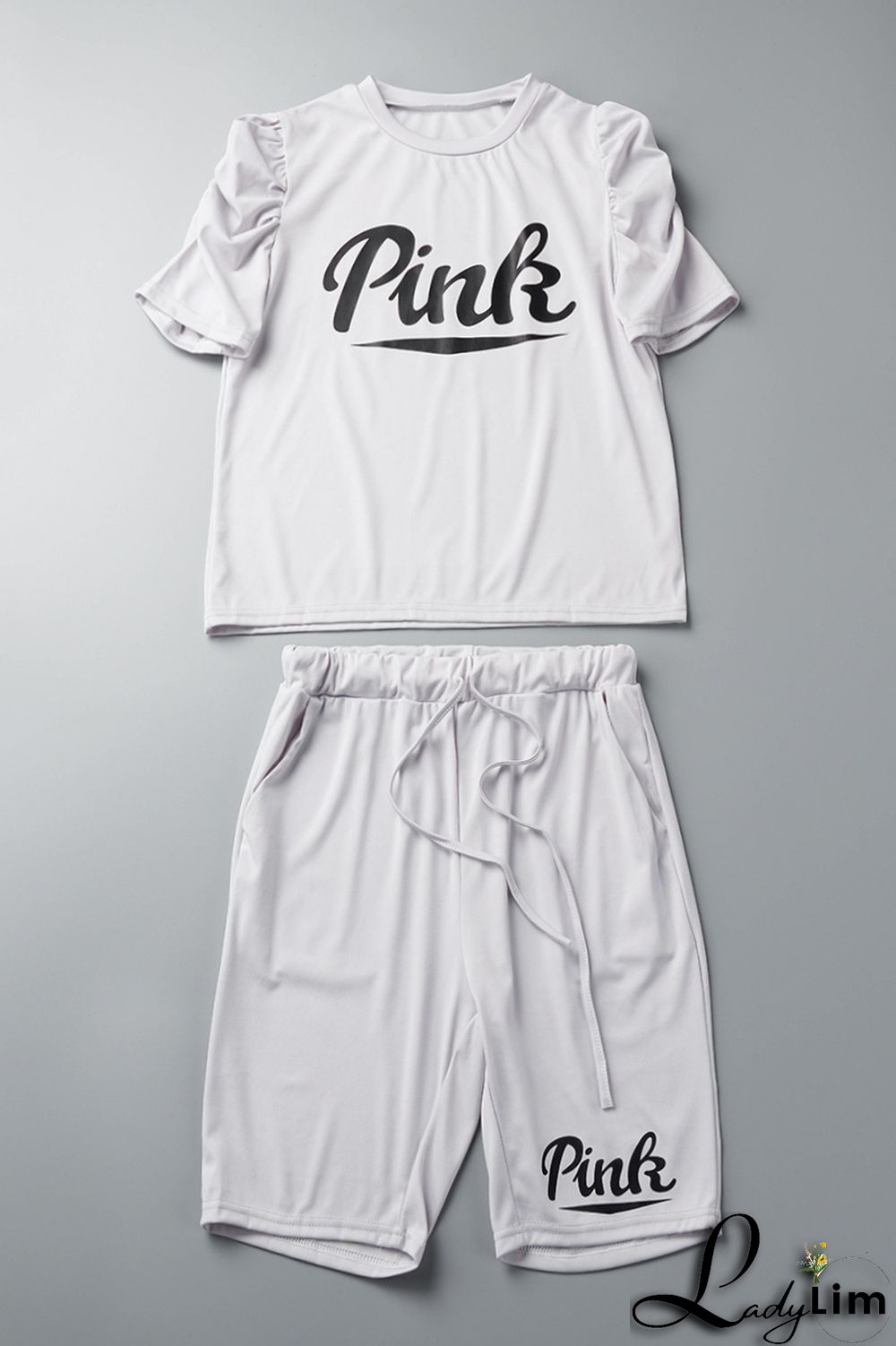 Grey Casual Letter Print Basic O Neck Short Sleeve Two Pieces