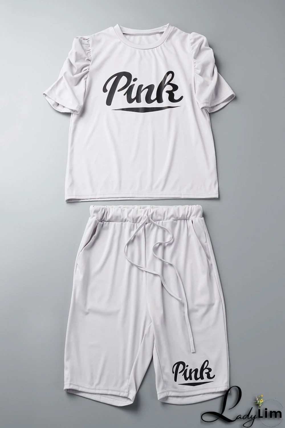 Grey Casual Letter Print Basic O Neck Short Sleeve Two Pieces