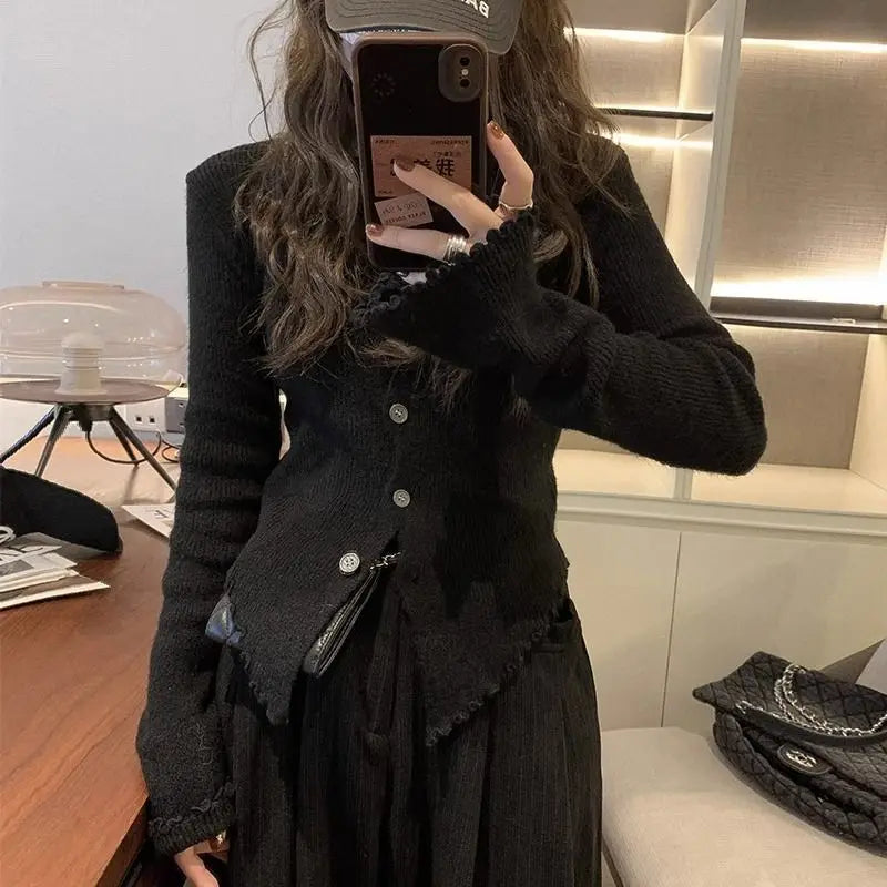 Aiertu Y2k Grey Vintage Women Kint Sweater Harajuku Long Sleeve Cardigan Irregular Korean Fashion Slim Autumn Jerseys Casual aiertu