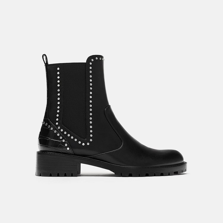 Black Vegan Leather Chelsea Boots Round Toe Studs Ankle Boots |FSJ Shoes