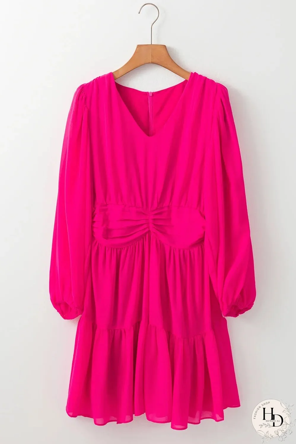 Rose Red Puff Long Sleeve V Neck Pleated Mini Dress