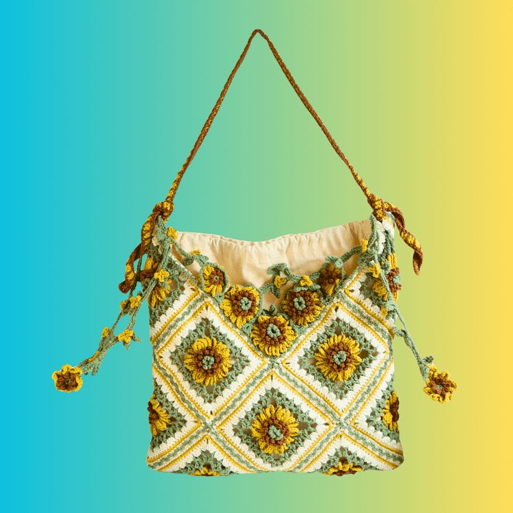 Lulusnow Handmade Green 3D Sunflower Crochet Granny Square Bag Crochet Shoulder Bag 