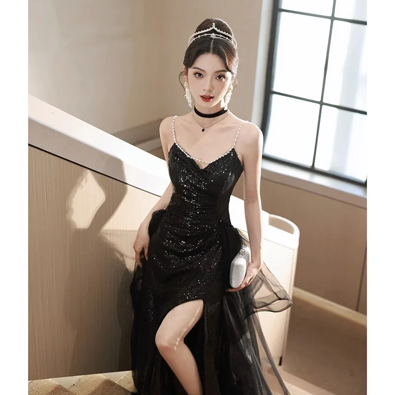 formal streetwear Banquet Evening Dress Summer Hepburn Style Strap Sequined Catwalk Dress Annual Meeting Party Travel Shooting Small Dress Christmas Thanksgiving Gift New Year's Eve Dress