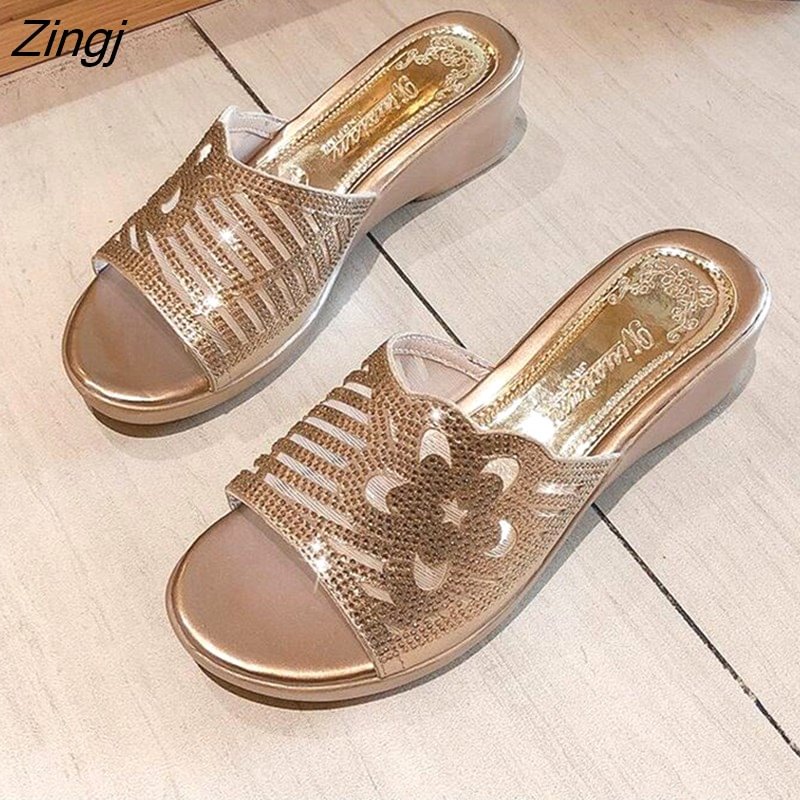 Zingj new women's slippers comfortable breathable wedge with thick bottom versatile mesh rhinestone slippers 2023