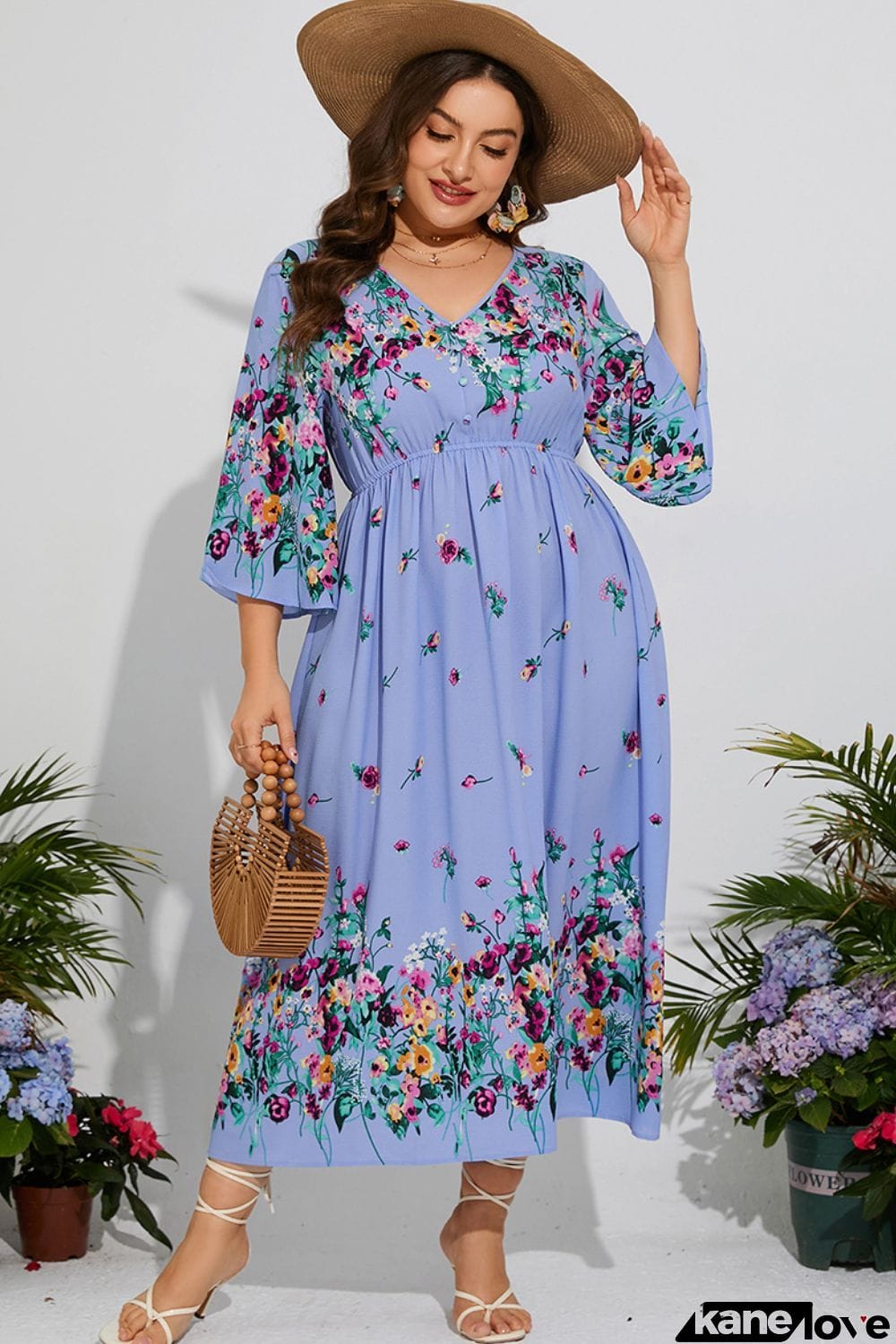 Plus Size Floral V-Neck Three-Quarter Sleeve Midi Dress