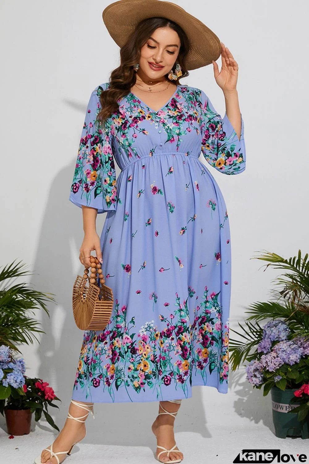 Plus Size Floral V-Neck Three-Quarter Sleeve Midi Dress