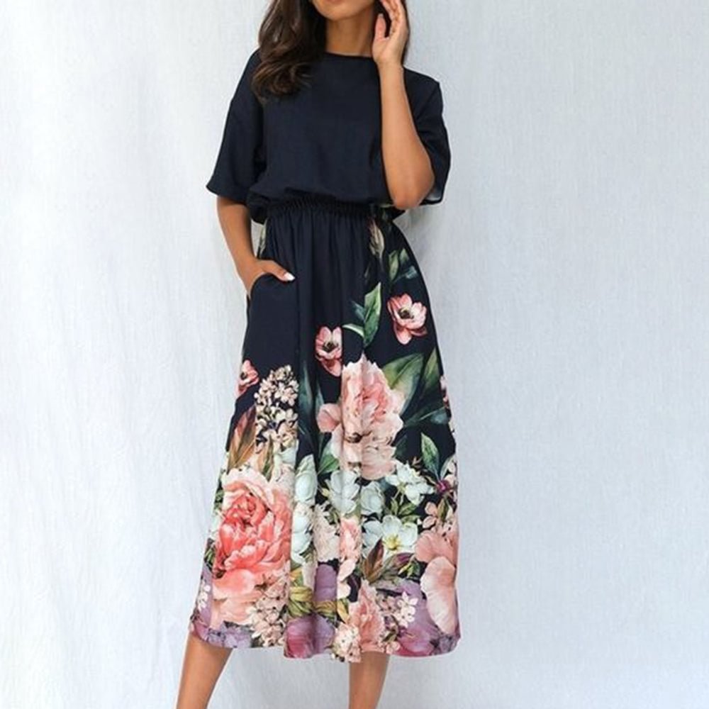 Elegant Short Sleeve Floral Print Midi Dress