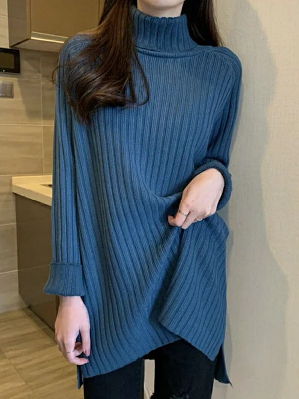 Casual Long Sleeves Loose Split-Side Solid Color High-Neck Sweater Tops