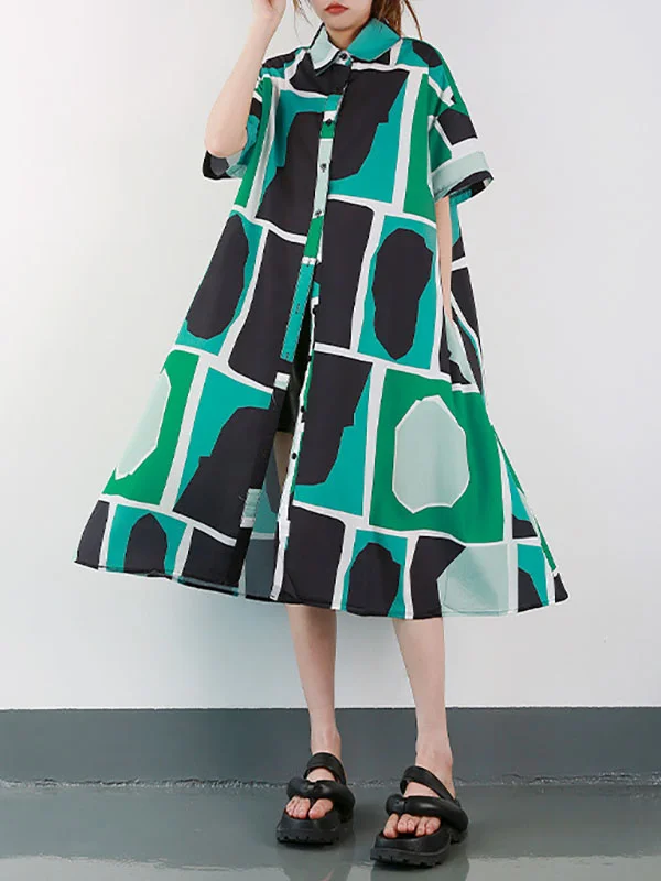 Roomy Oversize Color-Block Stamped Lapel Midi Dresses Shirt Dress