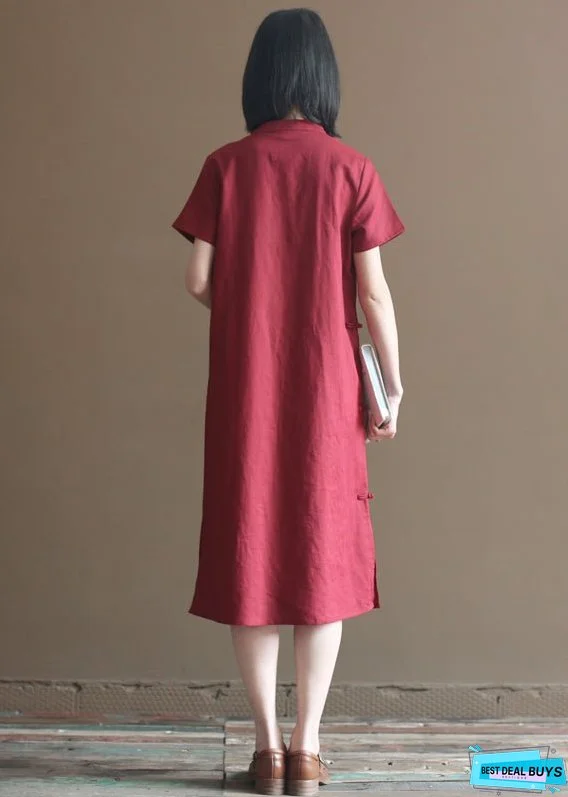Women Mulberry Solid Mandarin Collar Oriental Button Side Open Cotton Linen Dresses Short Sleeve