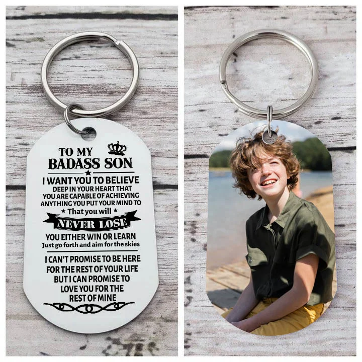 Personalized Photo To My Badass Son Keychain Gift Custom Special Keychain Gift For Son